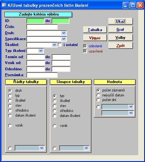 UKAŽ GRAF VOLBY TABULKA VÝMAZ ZPĚT Otevře okno ukázky před tiskem. Zobrazí okno grafu, které odpovídá zadaným kritériím. Otevře okno pro konfiguraci tisku křížové tabulky.