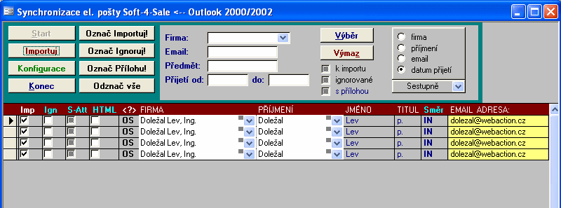 72 Spustí import vybraných zprav Otevře okno pro konfiguraci Hromadné označení pro import Hromadné označení pro ignorování Hromadné odznačení Provede vibìr a setøídìní informací z databáze podle