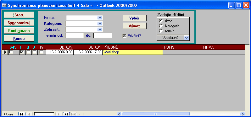 75 Zobrazí okno pro konfiguraci. Provede načtení úkolů jak se Soft-4-Sale, tak i z MS Outlook. Spustí samotnou synchronizaci.