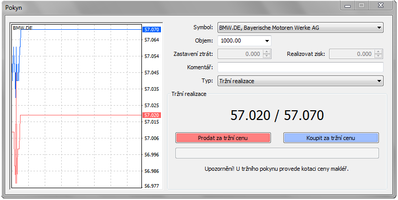 XTB-Trader DMA Příkazy k nákupu či prdeji akcií zadáváte jednduše přím v platfrmě XTB-Trader. V kénku pr nastavení nvéh pkynu vepište pčet kusů akcií, které chcete zbchdvat.