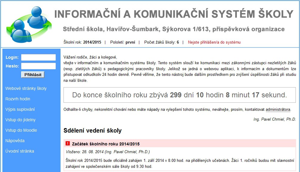 2 Popis prostředí IKSŠ IKSŠ je rozdělen do dvou základních sekcí: sekce pro pedagogické pracovníky, sekce pro rodiče a žáky.