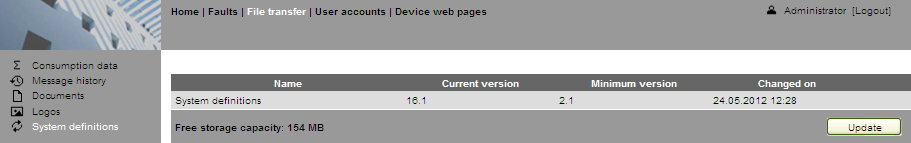 2 Aktualizace aplikačních souborů 1. Přihlašte se k web serveru přes internetový prohlížeč v administrátorské nebo servisní uživatelské úrovni 2. V menu Přenos souboru vyberte Definice systému 3.