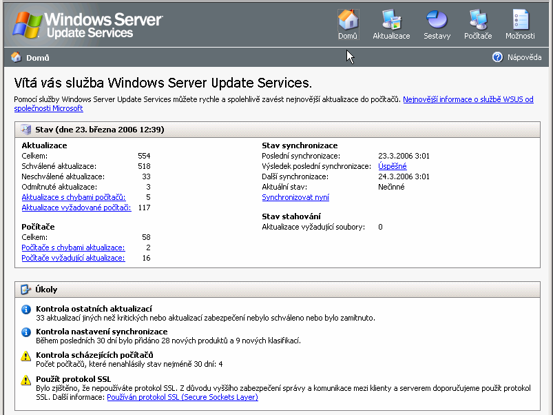 služby WSUS pravidelně sledujeme zejména základní statistické informace: - stav aktualizací Podstatnou informací je údaj o neschválených, popř.