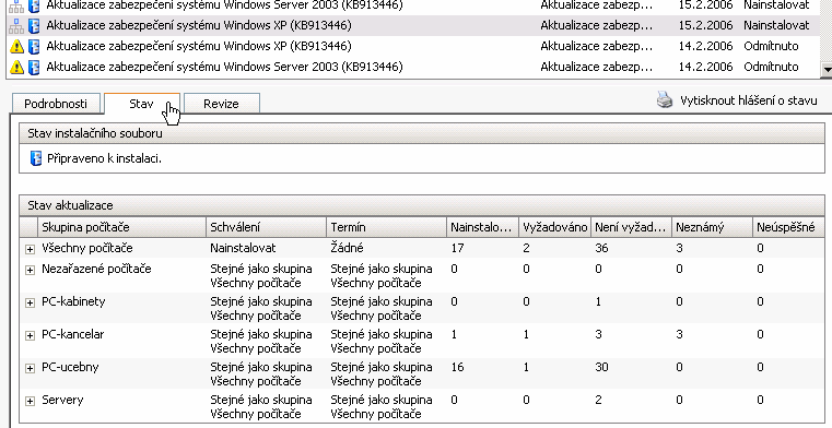 Pro každou aktualizaci ze seznamu je možné zobrazit detailní údaje: - popis aktualizace - a stav aktualizace statistika instalace na klientských počítačích Stránka