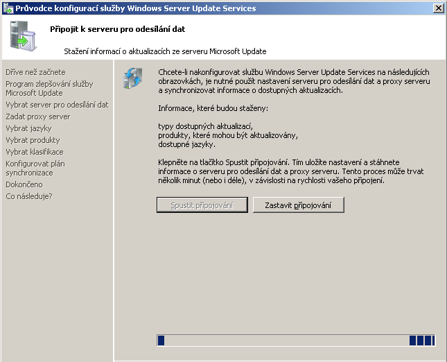 Pokud předchozí krok skončí úspěšně, zobrazí se Vám aktuální seznamy jazyků, produktů a typů balíčků, které lze z Microsoft Update stahovat a ukládat na server se službou WSUS.