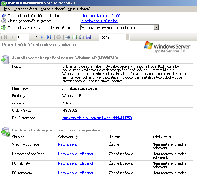 Dvojklikem na zvolenou aktualizaci lze vygenerovat podrobné (až několikastránkové) hlášení o stavu konkrétní aktualizace.