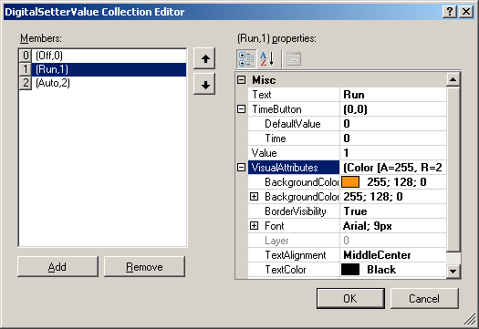 Příklad nastavovacího prvku se třemi stavy Jednotlivé stavy se editují podobně jako v digitálním indikátoru, pouze chybí možnost zadat bitmapu pro zobrazení stavu a přibyl prvek TimeButton.