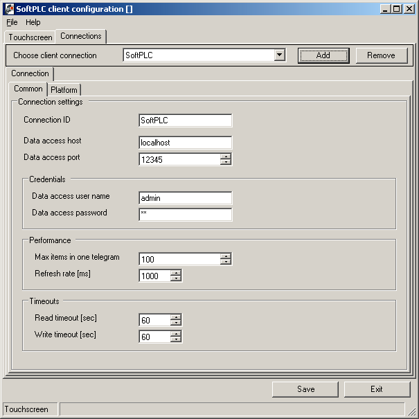 Connection ID název spojení, musí odpovídat názvu spojení zvoleném při načítání proměnných v touch screen editoru (Connection String).