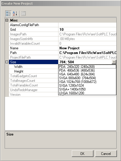 Dialog pro vytvoření nového projektu 2.1.1 Parametry nového projektu Při vytváření nového projektu se zadávají tyto parametry: 2.2 New Panel AlarmsConfigFilePath cesta k souboru alarms.