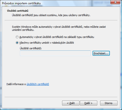 j) Stejným způsobem zahájíte instalaci Certifikátu SSHR. Rozdíl v instalaci spočívá v tom, že volíte úložiště certifikátů.
