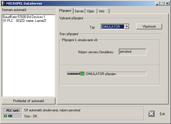 Vizualizace simulovaných automatů Stránka HTML spuštěná poklepem na soubor HTML odkazuje na vlastní IP adresu PC MICROPEL StudioWin se spuštěným simulátorem TCP port vizualizace musí být nastaven na