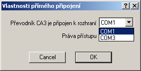 USB-CA3: lokální připojení automatu k PC COM1 COM2 (1) karta Připojení (2) typ nastavit na: RS232-CA3 Pokud je k PC připojeno více komunikátorů CA3 odlišují se v programu DataServer číslem