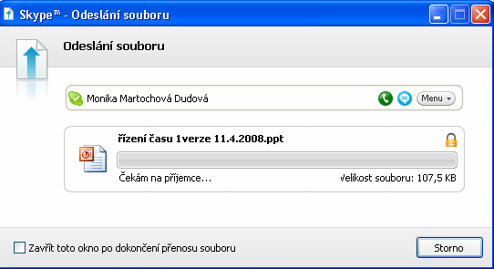 Stiskem tlačítka z budete vyzváni, abyste vybrali soubor k odeslání. Po odeslání se otevře okno čekání na přijetí.