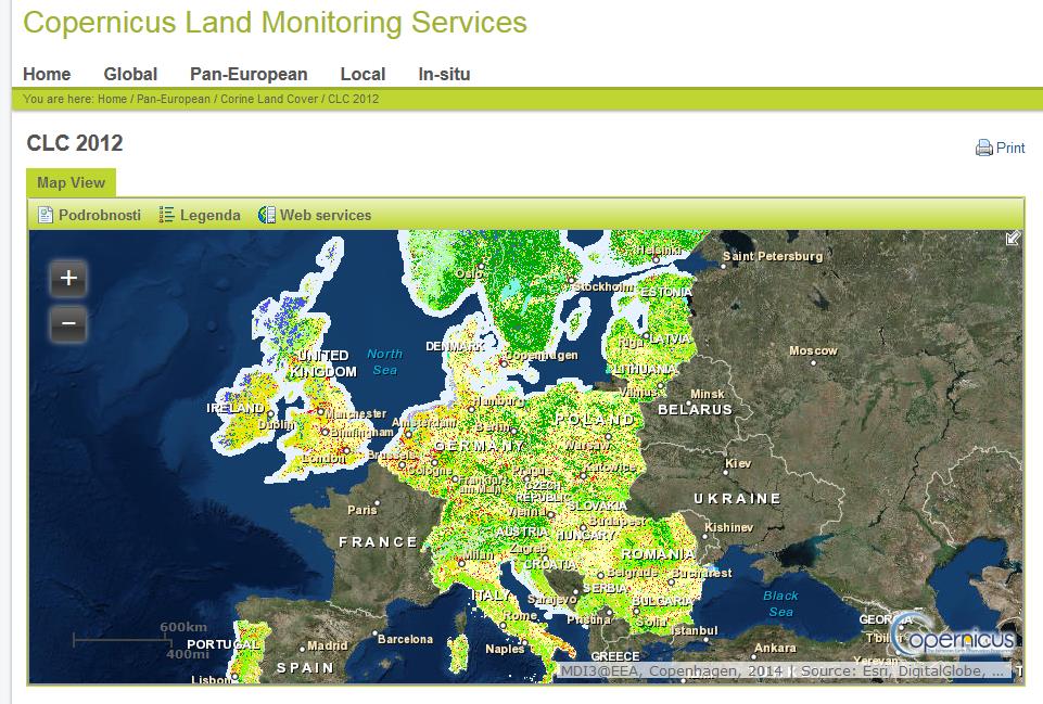 Služby Copernicus CORINE Land Cover informace