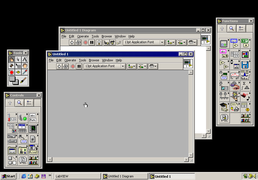 1.2. VÝVOJOVÉ PROSTŘEDÍ I 3 Obrázek 1.1: Vývojové prostředí LabVIEW Paleta Controls může být viditelná, jen je-li aktivní okno čelního panelu.