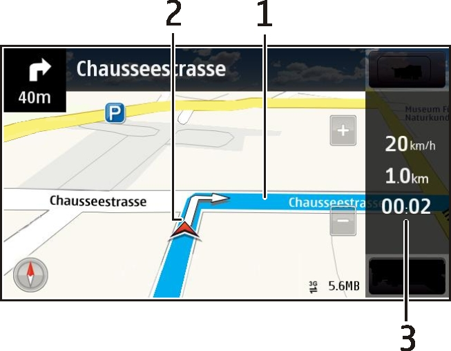 Mapy 83 3 Zvolte příslušnou možnost. Změna zobrazení při navigaci Přejeďte přes obrazovku vlevo a zvolte možnost 2D zobrazení, 3D zobrazení, Zobrazení se šipkami nebo Přehled trasy.