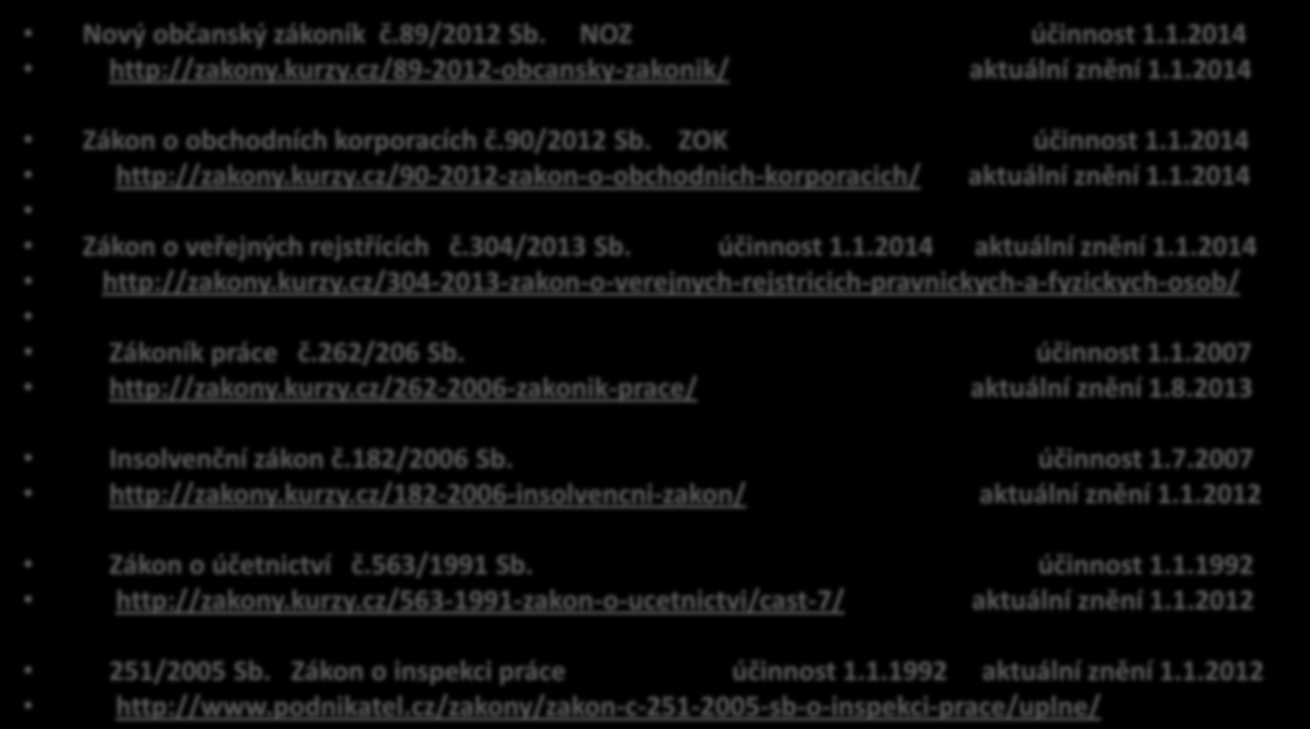 Zákony pro podnikání odkazy na jejich znění Nový občanský zákoník č.89/2012 Sb. NOZ účinnost 1.1.2014 http://zakony.kurzy.cz/89-2012-obcansky-zakonik/ aktuální znění 1.1.2014 Zákon o obchodních korporacích č.