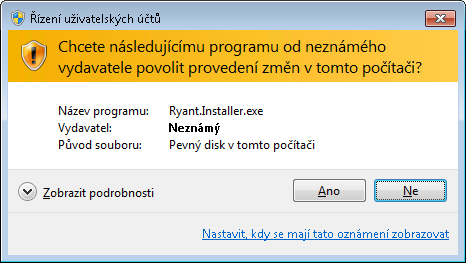 Při požadavku na stažení a instalaci nové verze aplikace dojde k zobrazení dialogu, který umožňuje specifikovat Windows uživatele, pod kterým bude spuštěn instalační proces, viz Obrázek 13.