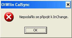 Obrázek 5 - chybové hlášení neúspěšného připojení k InChange Konfigurační dialog (Obrázek 4) je rozdělen na dvě části: Navigační lišta je umístěna v levé části dialogu.