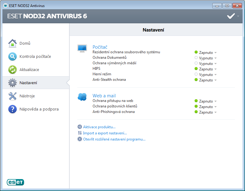 4. Práce s ESET NOD32 Antivirus 6 Podrobná nastavení v ESET NOD32 Antivirus umožňují nastavit úroveň ochrany počítače.
