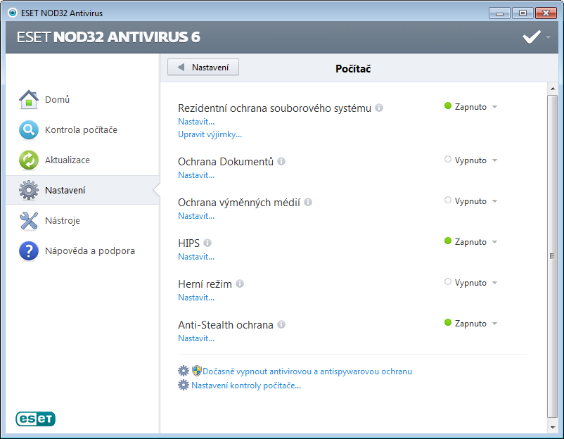 Antivirus a antispyware > Ochrana dokumentů > Integrace do systému. Po kliknutí na Vypnuto/Zapnuto se zobrazí okno s názvem Dočasné vypnutí ochrany.