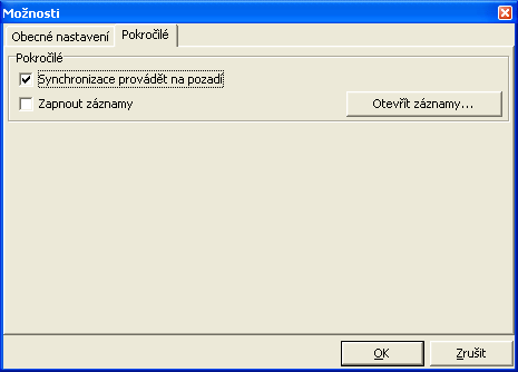 Pole Synchronizace provádět na pozadí Zapnout záznamy Otevřít záznamy Popis Automatická synchronizace se provádí na pozadí bez toho, aniž by vyrušovala uživatele při běžné práci s Outlookem.