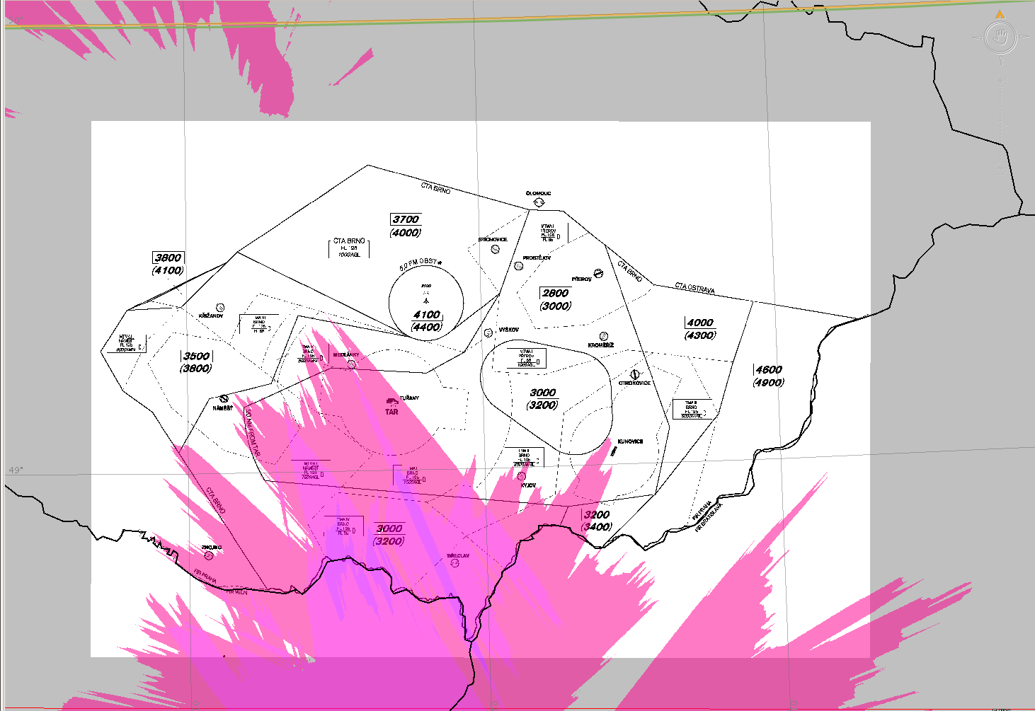 Obr. 19 Pokrytí sekundárními radary v okolí LKTB ve výšce 1500 ft AGL, vytvořeno v EUROCONTROL SASS-C PREDICITion/CAPT 2.2.6, pu