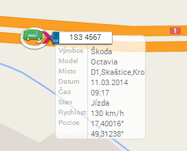 Obrázek 4: Detail vozidla na mapě Dvojím kliknutím na příslušnou jízdu v Knize jízd nebo kliknutím pravým tlačítkem myši na příslušnou jízdu a zvolením možnosti Zobrazit jízdu na mapě se jízda
