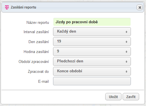 Seznam takto definovaných reportů zasílaných e-mailem naleznete v hlavním menu aplikace v položce Nástroje Zasílání reportů. Zrušení zasílání reportů e-mailem provedete ikonou Smazat z lišty ikon.