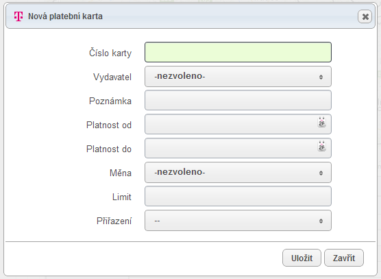 Pro vytvoření nové karty klikněte na ikonu Nový v pravém rohu v pásu ikon a vyplňte vydavatele karty, platnost, limit