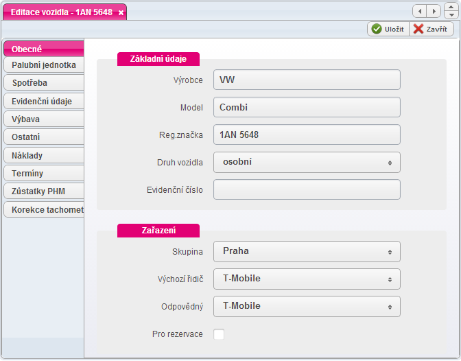Palubní jednotka Na kartě Palubní jednotka je popsána GPS jednotka T-Mobile Autopark (IMEI jednotky, číslo SIM karty pro evidenci). POZOR!