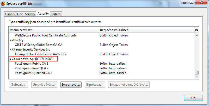 Po úspěšném naimportování se osobní certifikát z úložiště prohlížeče spáruje s certifikační autoritou a to následovně: Tímto krokem je certifikační autorita již naimportována v patřičném uložišti.