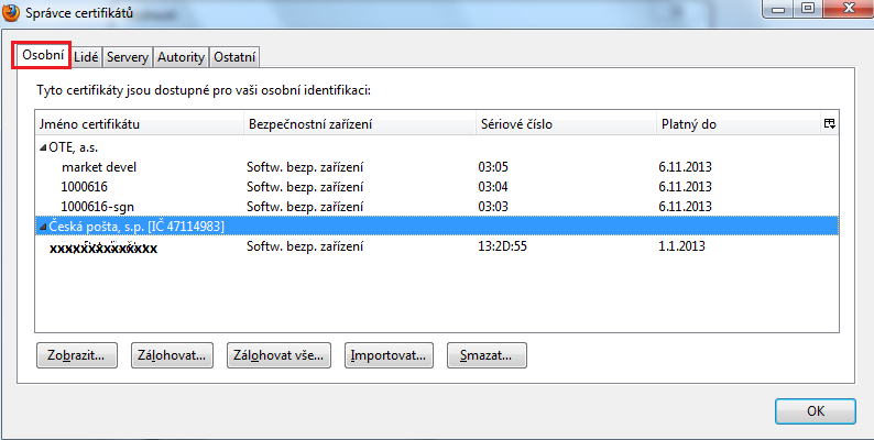 2.3.2 Import osobního certifikátu Obdobně, jako při importu certifikační autority je potřeba provést import