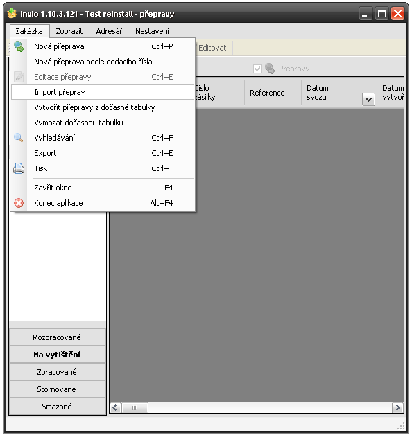 Str. 6/11 Ruční import dat V programu se import z CSV provede v menu Zakázka volbou Import přeprav Po importu se zdrojový soubor smaže a data se uloží do dočasné