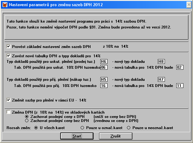 1. Změny v DPH 1.1. Změna sazby DPH z 10% na 14% - základní informace Změna parametrů DPH je provedena při importu dat ze starší verze na základě dotazu na provedení změn.