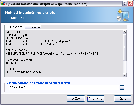 Zaškrtněte toto pole a zvolte vlastní adresář pro uložení instalačního skriptu. Vytvořit podadresář pro místění instalačních souborů AVG 8.