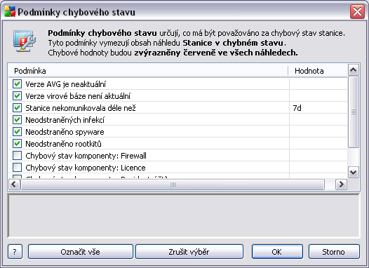 Možné podmínky jsou následující: Verze AVG je neaktuální - stanice bude v chybném stavu pokud verze AVG na stanici nebudu plně aktuální.