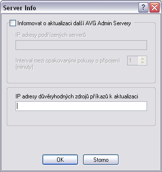 Tlačítkem Server info otevřete následující dialog: Informovat o aktualizaci další AVG Admin Servery Aktivuje možnost informovat o nově stažené aktualizaci nejen klienty (nastavení skrze volbu Client