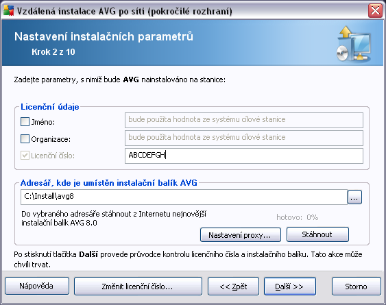 v průběhu tohoto kroku je nezbytné definovat následující instalační parametry: Licenční údaje vložte licenční informace jako jméno, společnost a licenční číslo (povinná položka).