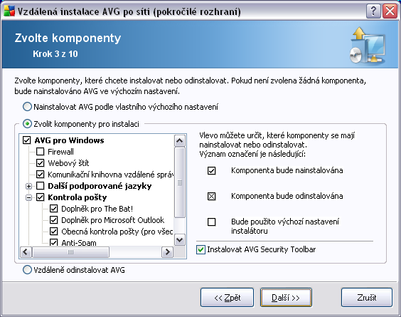 V tomto kroku máte možnost vybrat komponenty AVG, které chcete nainstalovat (vybrat lze také výchozí natavení).
