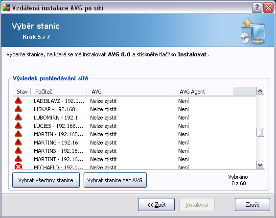 V závislosti na stavu stanice máte následující možnosti: Vybrat všechny stanice - označí/odznačí všechny stanice v seznamu a tlačítko Instalovat tím bude dostupné.