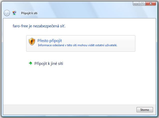 Otevře se nám okno Připojit k síti, vybereme síť faro-free (obr. 25) a potvrdíme Připojit.