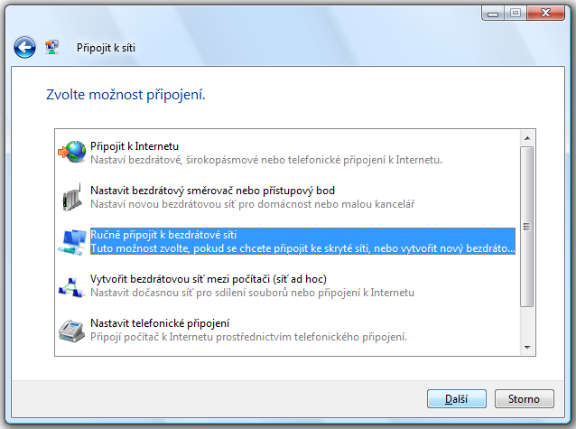 Dostáváme se na detailnější nastavení sítě, kde vybereme Ručně připojit k