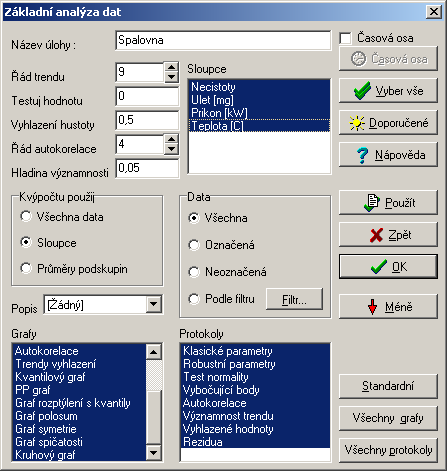 Modul Základní statistika Menu: QCExpert Základní statistika Základní statistika slouží k předběžné analýze a diagnostice dat, testování předpokladů (vlastností dat), jejichž splnění je nutné pro