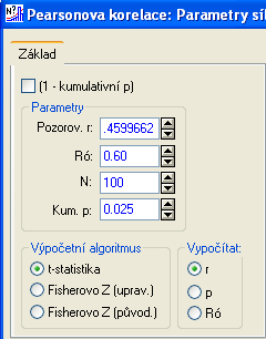 6..0 Pravděpodobnostní kalkulátor STATISTICA Pravděpodobnostní kalkulátor STATISTICA Pro výpočet kritických hodnot r pro oboustranný test na hladině α=0.05 spočteme r pro hodnoty kum. p. 0.05a 0.