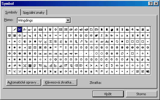 39 5.5 Symbol Pokud chceme do dokumentu vložit speciální symboly jako např. Word: Microsoft Word pro Windows. zadáme příkaz VLOŽIT, SYMBOL.