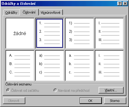 59 6.3.2 Číslovaný seznam Pokud chceme uvést seznam ukazatelů jako číselný seznam, označíme seznam ukazatelů a zadáme příkaz FORMÁT, ODRÁŽKY A ČÍSLOVÁNÍ.