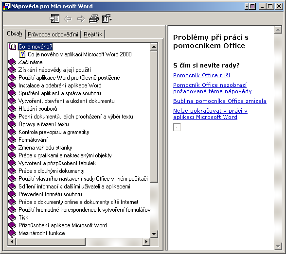 97 Obr. 64 Dialogové okno Nápověda pro Microsoft Word V kartě Obsah můžeme vyhledávat nápovědu v jednotlivých kapitolách. Kapitoly jsou označeny symbolem zavřené knihy.