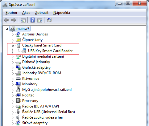V seznamu zařízení by měla být zobrazena také skupina Čtečky karet Smart Card a uvnitř čtečka čipových karet bez jakéhokoli