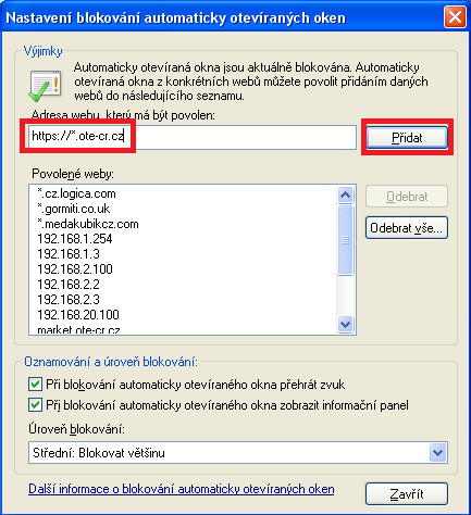 Stránky OTE přidejte do seznamu povolených stránek pro pop-up okna vypsáním URL adresy